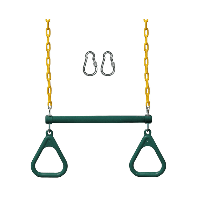 Swing Sets for Backyard-Set Includes 18Inch Trapeze Swing Bar & 48Inch Heavy Duty Chain with Locking Carabiners (Green). The set features a green trapeze bar with two triangular hanging rings, yellow 48-inch chains, and two steel carabiners for secure installation. Made of durable plastic and metal, it is designed for outdoor play and encourages imaginative and social activities. Includes mounting hardware and illustrated plans for easy setup.