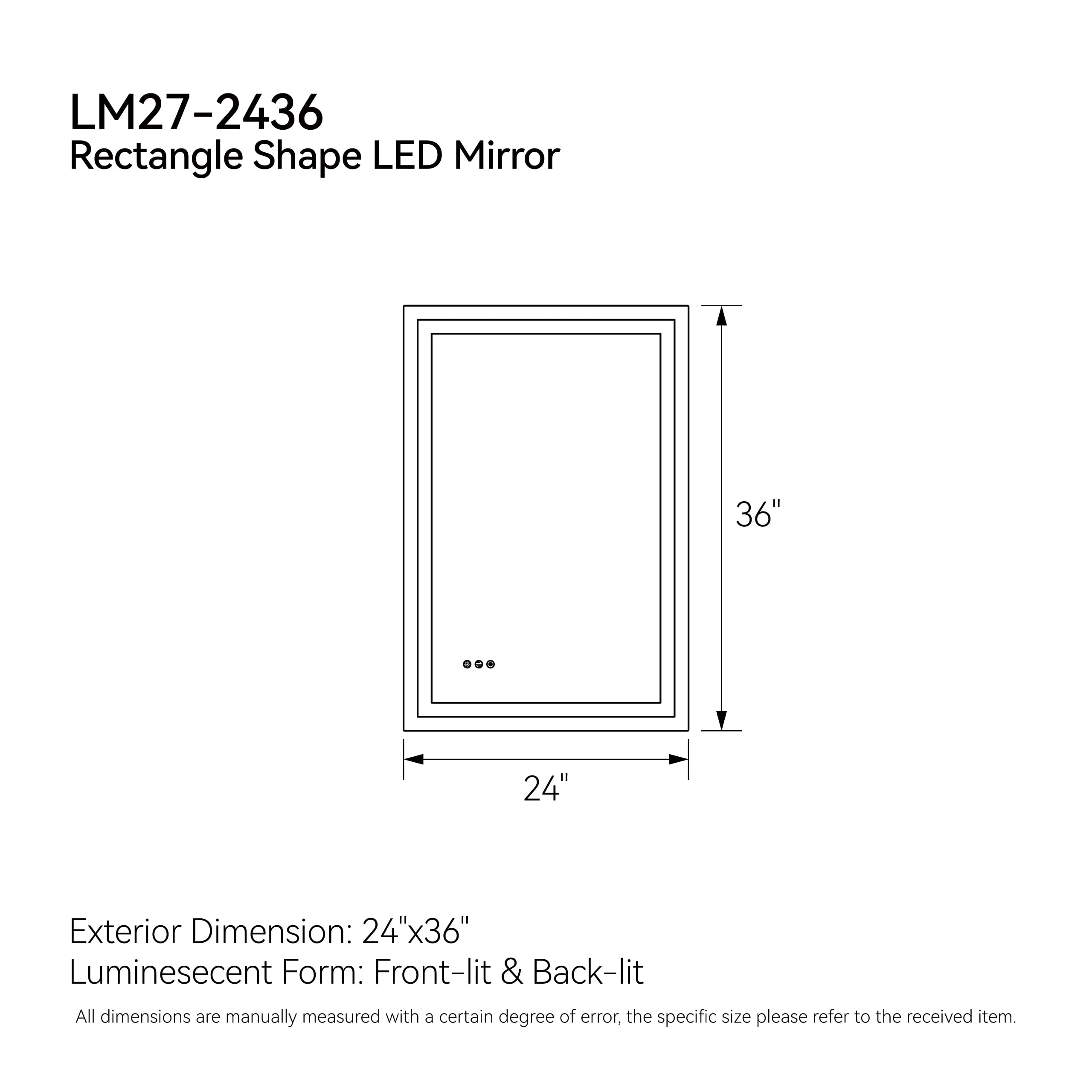 24"x36" LED Bathroom Mirror, Front-Lit and Back-Lit,3 Color Tem Adjustable, Brightness Memory, Anti-fog LED Vanity Mirror[Unable to ship on weekends]