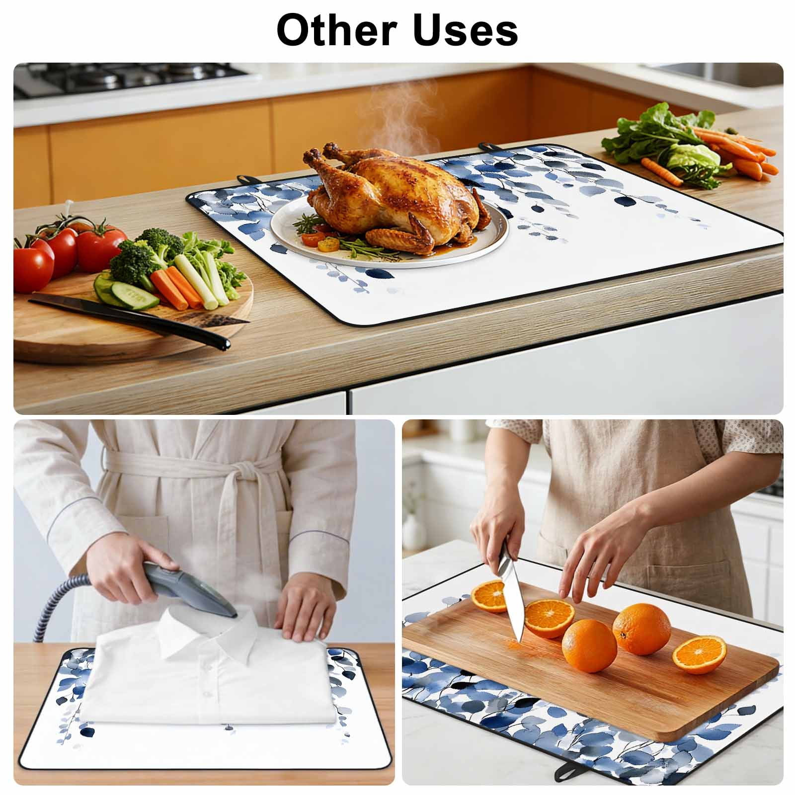 Blue Eucalyptus Leaves Stove Top Cover for Electric Stove, Heat-proof & Non Slip Glass Top Stove Cover Protector, Summer Botanical Watercolor Kitchen Flat Cooktop Rubber Mat 24x21 Inches