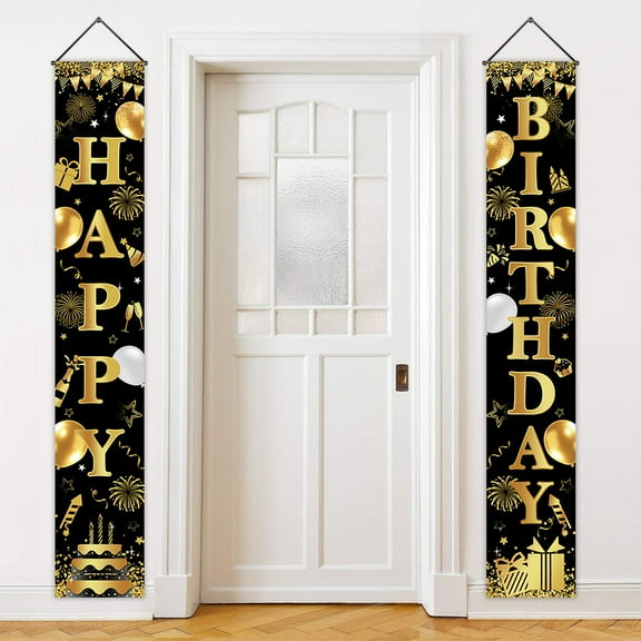 Mocsicka Happy Birthday Door Banner Black and Gold Birthday Decorations Happy Birthday Porch Sign
