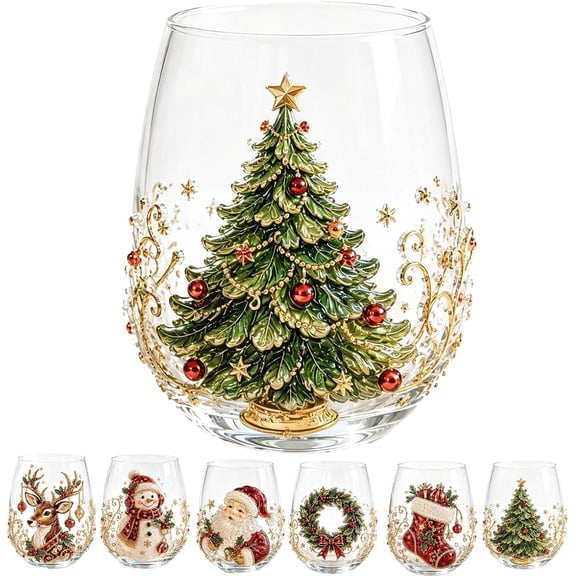 3D Christmas Glass Art Cup, Christmas Cups Stemless Wine Glasses Holiday Glassware, Xmas Party Home Festive Decor Gifts