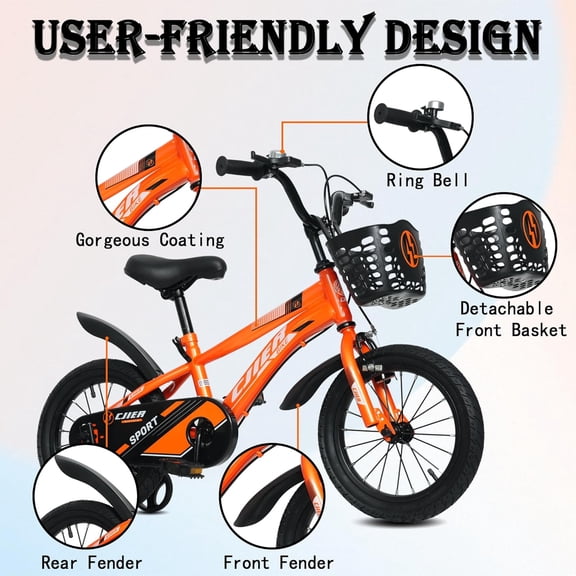 ICEELF 14 inch Kids Bike, Carbon Steel Frame, Dual Brakes, Adjustable Seat,Training Wheels for Boys Girls Ages 3-5