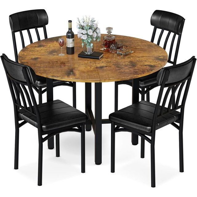 AWQM 4 People Round Table Set, Wooden Dining Room Round Table and Chairs Set with Metal Frame with 4 PU Upholstered Chairs for Kitchen, Apartment, Dining Room, Brown