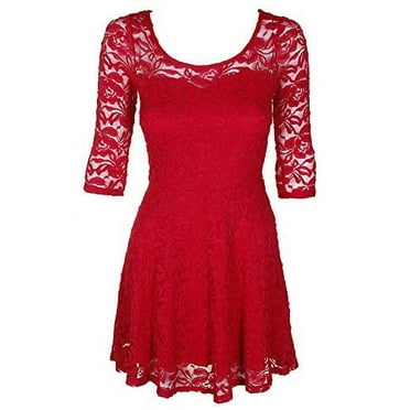 Material Girl Lace Illusion Skater Dress Lipstick Red XS