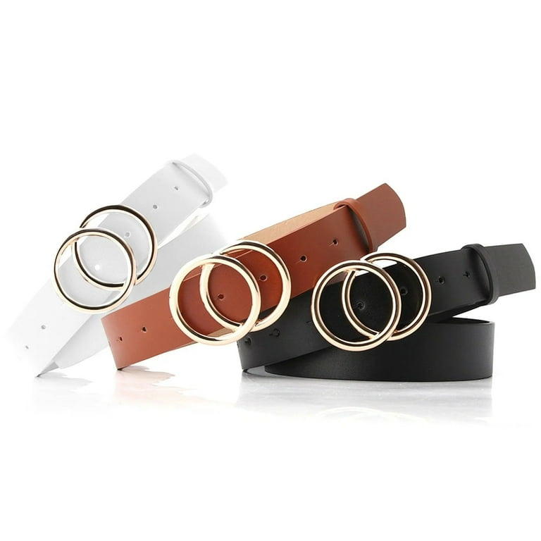 Women Leather Belt With Double O-Ring Buckle Faux Leather Women Leather Belt With Double O-Ring Buckle Faux Leather