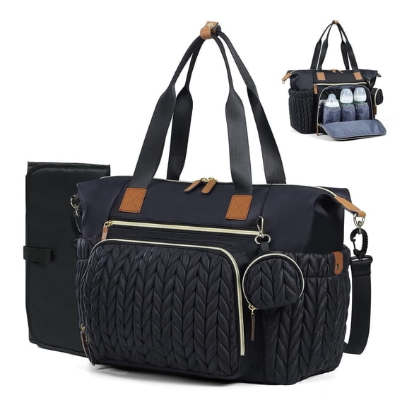 Quilted Diaper Tote Bag, Multi Pocket Travel Baby Organizer with Changing Pad, Pacifier Pouch & Adjustable Crossbody Strap