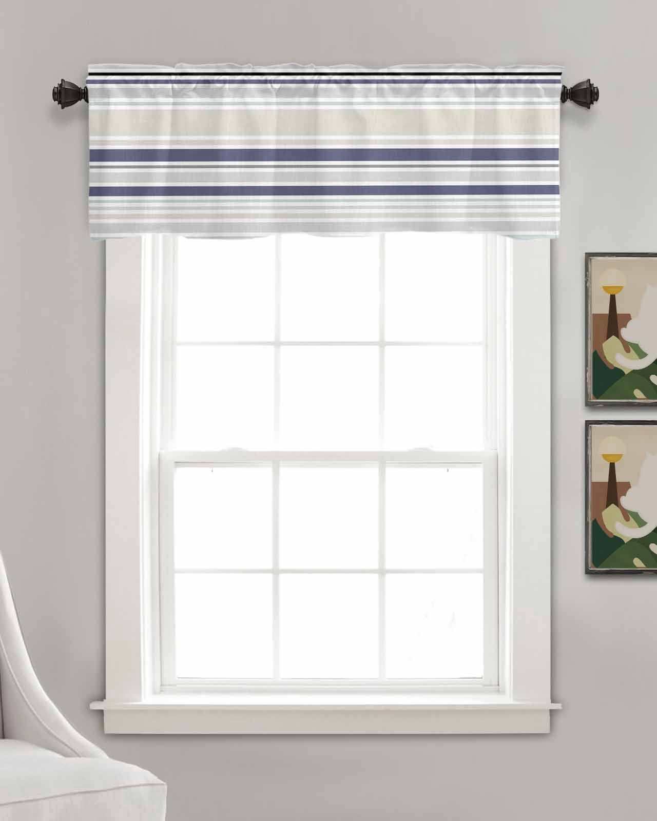 Blue Stripe Kitchen Valances for Windows Farmhouse Linen Window Valance Curtain for Living Room Window Treatment Farmhouse Geometric Grey Horizontal Striped Valance Rod Pocket Topper, 60 x 18 Inch