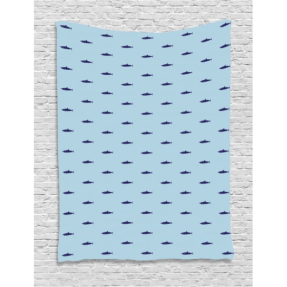 Shark Tapestry, Ocean Life Pattern in Blue Shades Wildlife Under the Sea Saltwater Fauna, Wall Hanging for Bedroom Living Room Dorm Decor, 60W X 80L Inches, Navy Blue Pale Blue, by Ambesonne