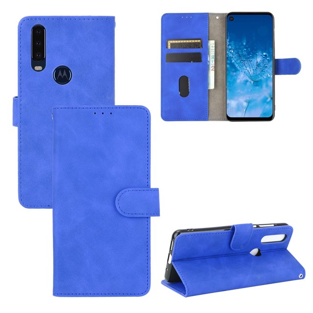 Pour Motorola Moto One Action Étui en Cuir PU à Rabat avec Fentes pour Cartes Support Pliant Folio - Bleu