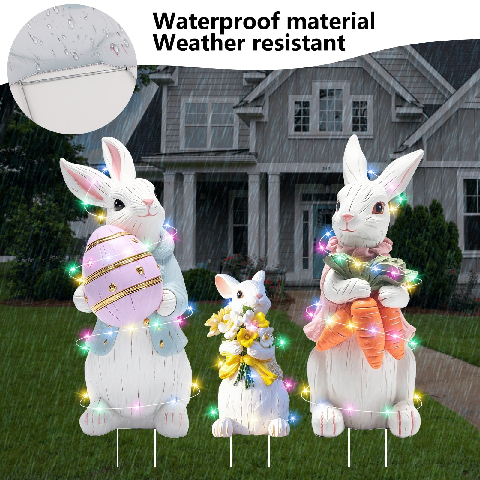 YIBAGA Easter Bunny Yard Signs Extra Large Easter Outdoor Decorations with Stakes with LED Lights 3pcs