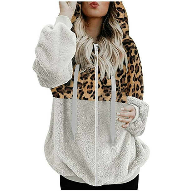 Abrigo cálido para mujer Chaqueta con cremallera Leopardo Empalme Blusa de manga larga Abrigo con capucha Pompotops qwe16291