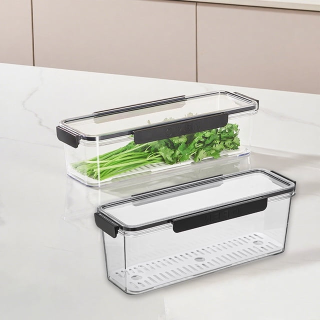 Uscallm 2Pcs Refrigerator Organizer Long Strip Food Storage Box Clear Plastic Container With Drainage Shelf For Kitchen Pantry Organization