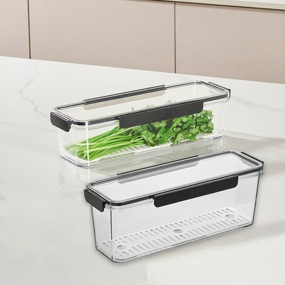 Refrigerator Organizer Long Strip Food Grade Plastic Storage Box with Drainage Shelf | Clear Airtight Container | Multipurpose Fridge Pantry | 12in M/L Size | 1 Piece