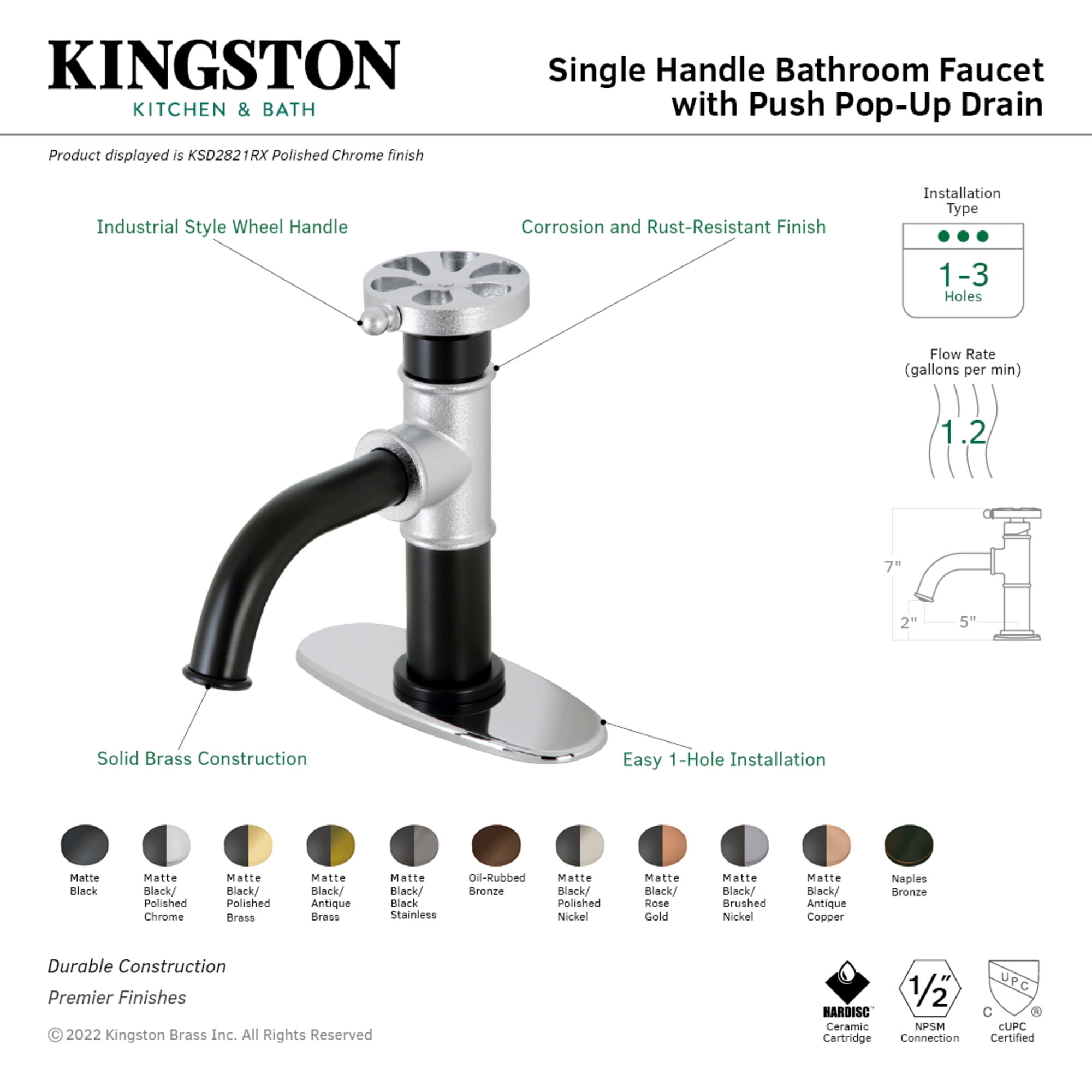 Kingston Brass KSD2825RX Belknap One-Handle Single-Hole Bathroom Faucet with Deck Plate and Push Pop-Up Drain, Oil Rubbed Bronze