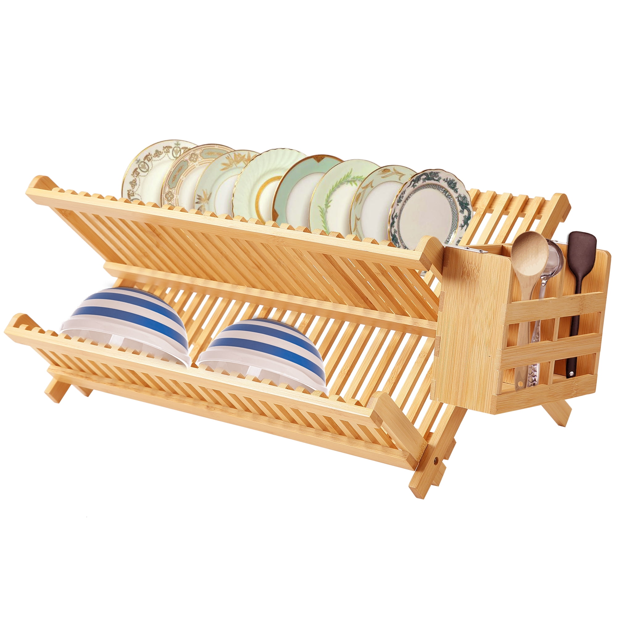Vaiyer Bamboo Foldable Dish Rack, Folding 2Tier Collapsible Drainer