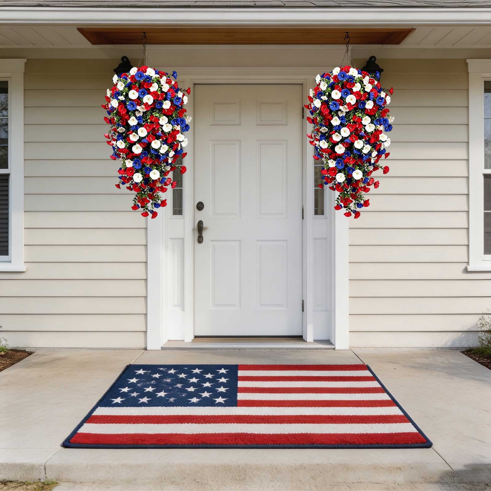 Fmxomd Artificial Hanging Flowers Basket for Outdoor, Fake Flowers Faux Plants for Yard Gardens Porch Patio Home, 28" Patriotic Flowers for Summer Front Porch Patio 4th ofJuly Decor