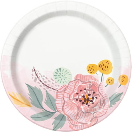 Soft Pink Painted Floral Paper Dessert Plates, 7in,