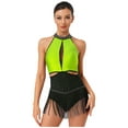 thumbnail image 3 of inlzdz Womens Sleeveless Backless Tassel Latin Dance Leotards Shiny Rhinestone Stage Shows Dancewear Fluorescent Yellow M, 3 of 5
