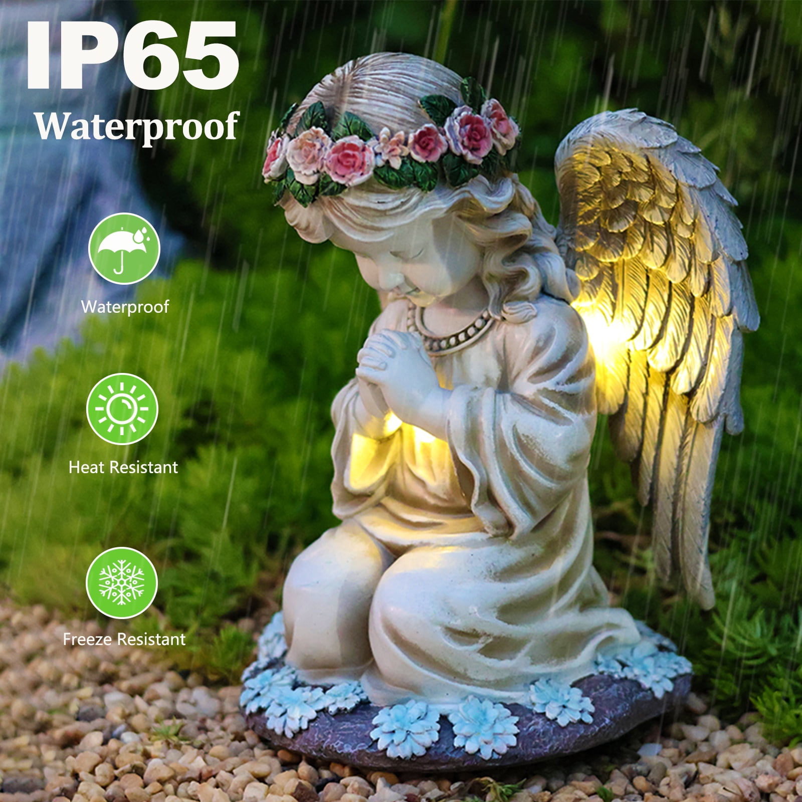 Solar Angel Garden Statue Outdoor, Resin Angel Statues Solar Figurine Lights Outdoor Waterproof, Angel Sculpture for Outside Garden Yard Patio Grave Cemetery Decor, Sympathy Memorial Gift