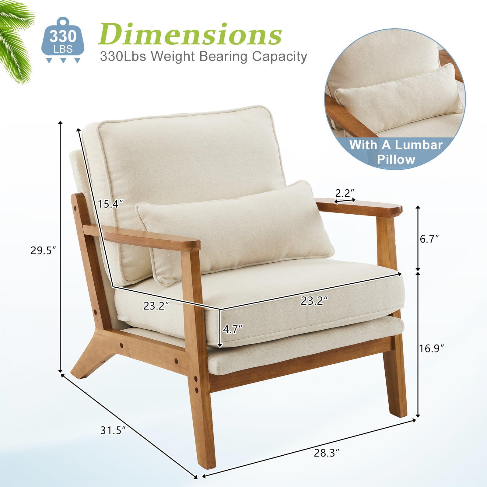 Ktaxon Accent Chair Line Fabric Upholstered Armchair, Reading Club Chair with Pillow for Living Room Bedroom Furniture Beige