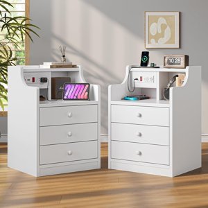 Afuhokles Nightstand Set of 2 with Charging Station, White