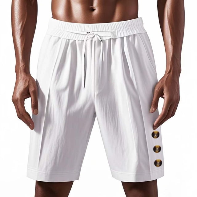 Pisexur Mens Shorts,Gym Shorts,Men Versatile Fashion Solid Color Button Drawstring Elastic Waist Flax Shorts White,L