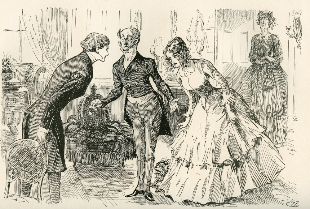 David Meets Dora and Miss Murdstone Mr Copperfield my daughter Dora and my daughter Doras confidential friend Miss Murdstone Illustration by Harry Furniss for the Charles Dickens novel David Copperfie