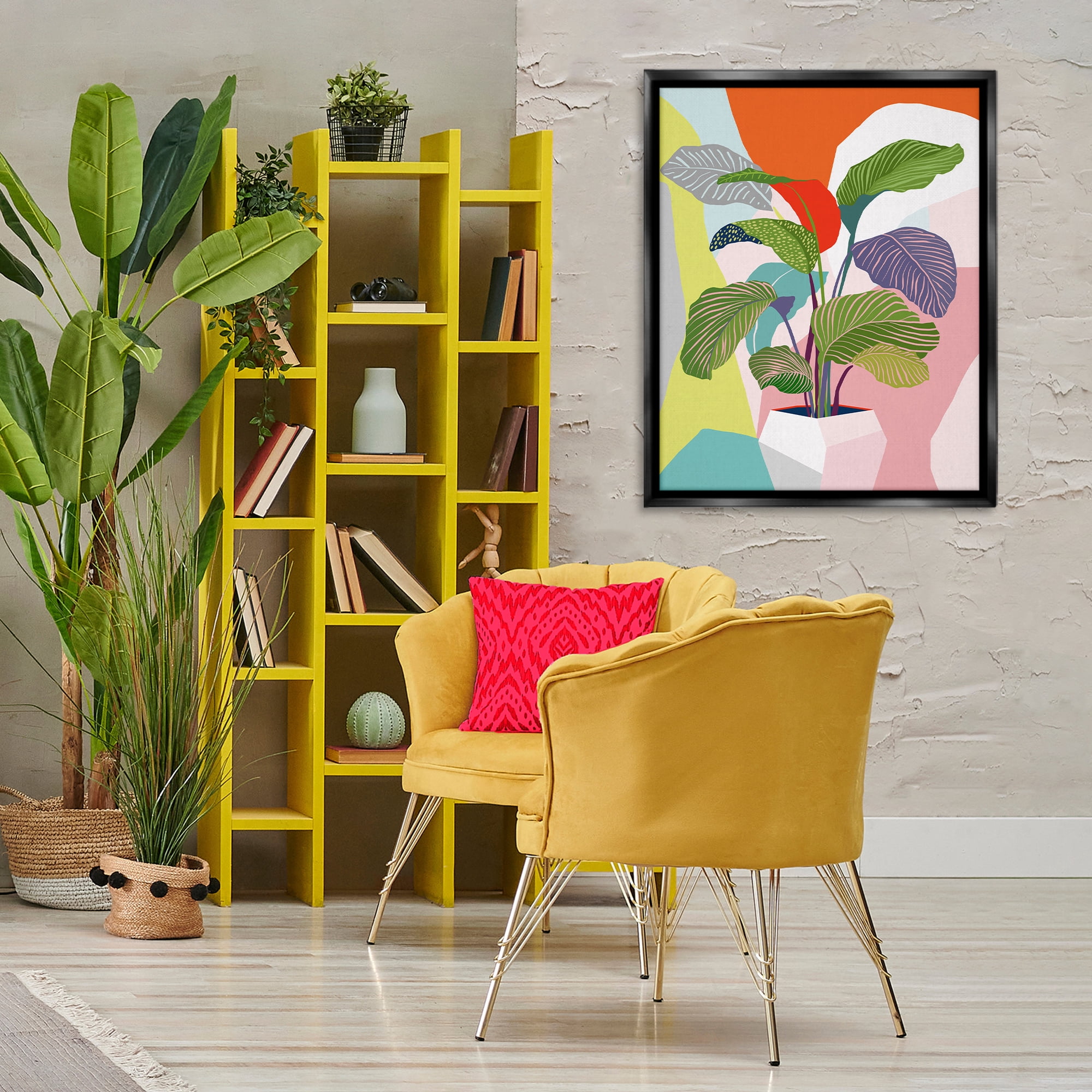 Stupell Industries Midcentury Bold Plant Plants & Flowers Painting Black Floater Framed Canvas Art Print Wall Art, 25 x 31