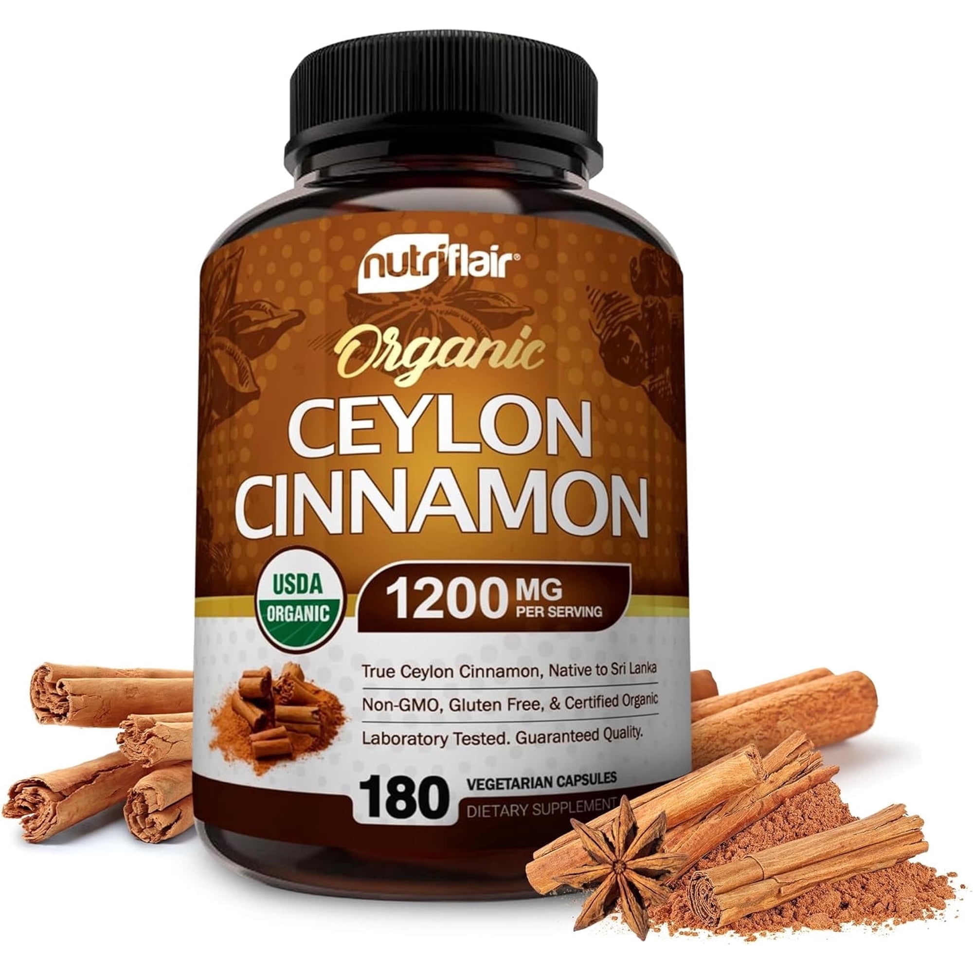 NutriFlair Organic Ceylon Cinnamon 1200 mg Capsules, Antioxidant Cinnamon Supplements, 180 Count