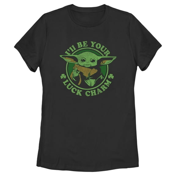 Women's Star Wars: The Mandalorian St. Patrick's Day Grogu I'll be your Lucky Charm Graphic Tee Black X Large