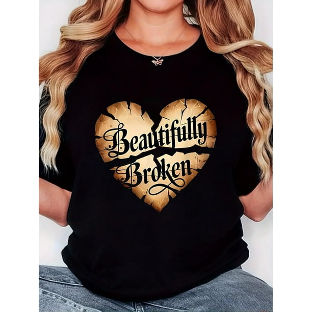 Playera Deportiva Manga Corta Mujer Dry-FitWomen'S T-Shirt, "Beautifully Broken Love" Print, Retro Minimalist Fashion, Round Neck, Casual And Comfortable, Sports Short-Sleeved T-ShirtFather's Day, M