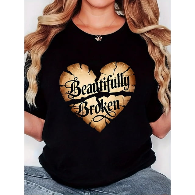 Playera Deportiva Manga Corta Mujer Dry-FitWomen'S T-Shirt, "Beautifully Broken Love" Print, Retro Minimalist Fashion, Round Neck, Casual And Comfortable, Sports Short-Sleeved T-ShirtFather's Day, M
