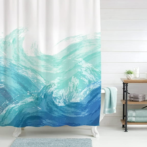 Ocean Shower Curtain, Sea Waves, Ombre Blue and Green Ocean Theme Shower Curtain for Bathroom Modern Decor Waterproof with Hooks 72"W x 72"L (Pack of 1)
