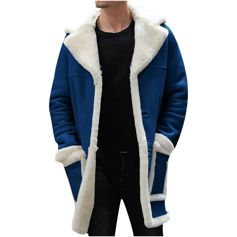 Men Warm Faux Leather Coat Faux Fur Lined Thick Cowboy Jacket Winter  Overcoat