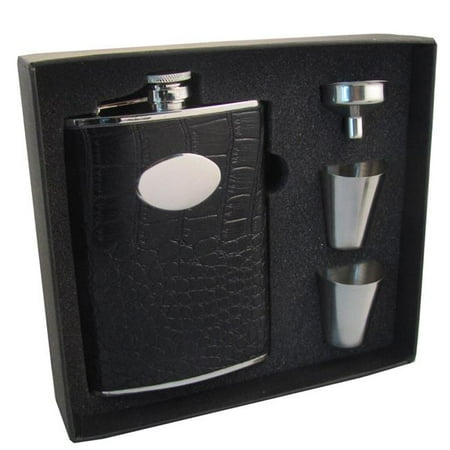 

Noir Black Crocodile Leather 8 oz Stainless Steel Hip Flask Gift Set