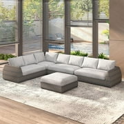 AECOJOY 7-Seat Outdoor Patio Deep Seating Lounge Set with Sofa, L-Shape Backyard Patio Furniture Set, Brown Rattan Conversation Sets,Light Grey
