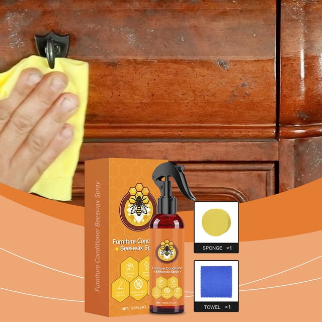 Spray de Cera de Abejas para Pulir Muebles | Limpiador Natural y Protector de Madera para Muebles de Sala y Cocina, Pisos de Madera | Impermeable y Resistente a Manchas | Botella de 120ml + Toalla