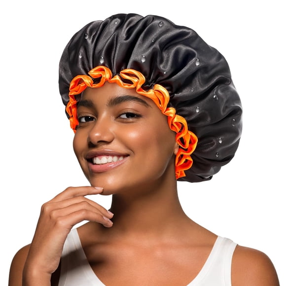 mikimini Gorros de Ducha Negros 2 Paquetes Gorro de baño Impermeable de Doble Capa con Forro de PEVA Suave y Reutilizable Lindo Gorro de Ducha elástico y Que no se decolora Mediano (Paquete de 2) Negr
