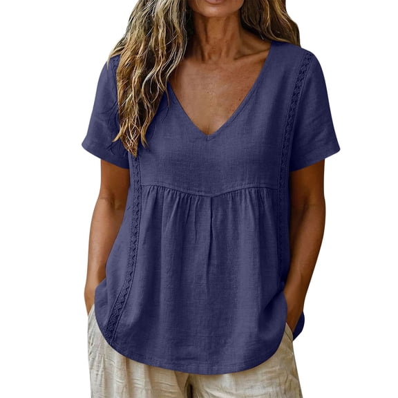 CHGBMOK Womens Cotton Linen T Shirts V Neck Short Sleeve Solid Top Front Ruched Cutout Lace Boho Casual Shirts