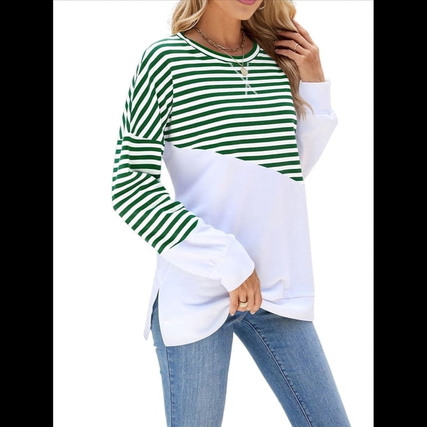 Sudadera Tipo Túnica A Rayas con Bloques de Color para Mujer, de Larga y Cuello Redondo, Holgada y Verde y M