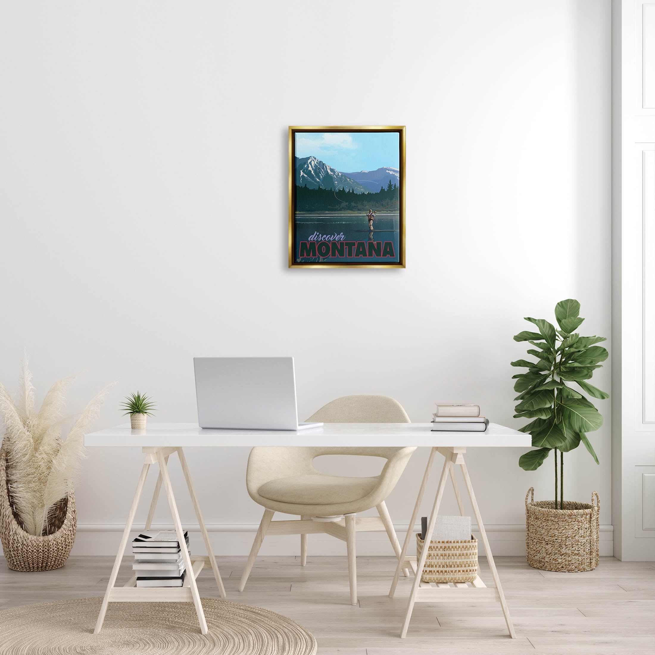 Discover Montana Lake Fishing Scene Landscape Graphic Art Metallic Gold Framed Art Print Wall Art