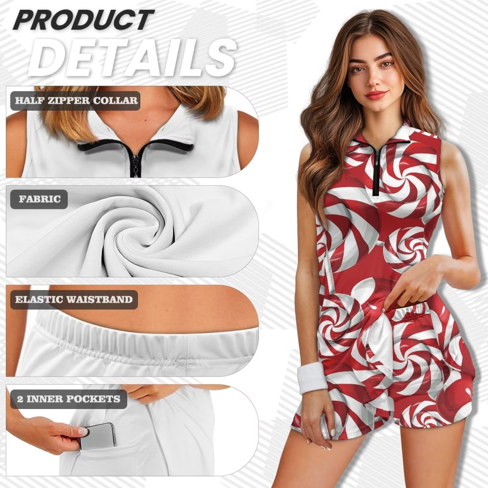 Yuyamidu Red Christmas Womens Tennis Dress, 2 PCS Candy Canes Golf Workout Dress with Shorts, Casual Athletic Dresses Size XL