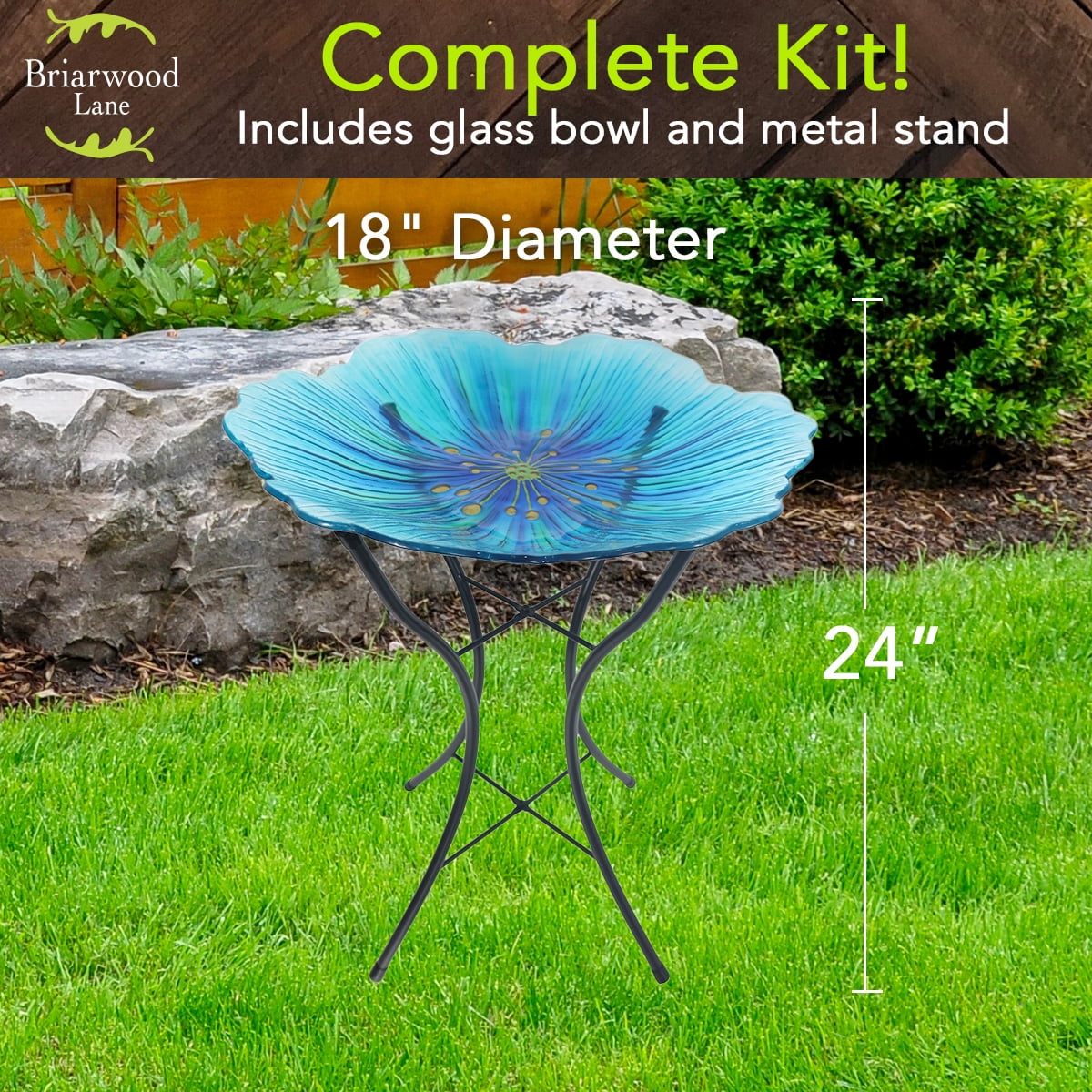 Briarwood Lane Everyday Glass Birdbath Including Metal Stand Blue Pansy Birdbath