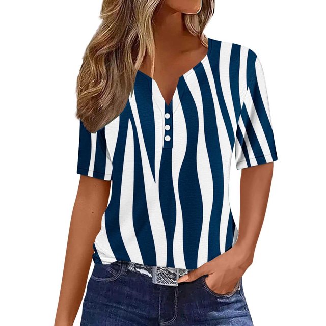 Tops de Manga Corta de Algodón para las Mujeres Impreso Cuello Redondo Blusa Imitación Estante de Algodón, Moda Casual Top para el Hogar Diario Y el Trabajo