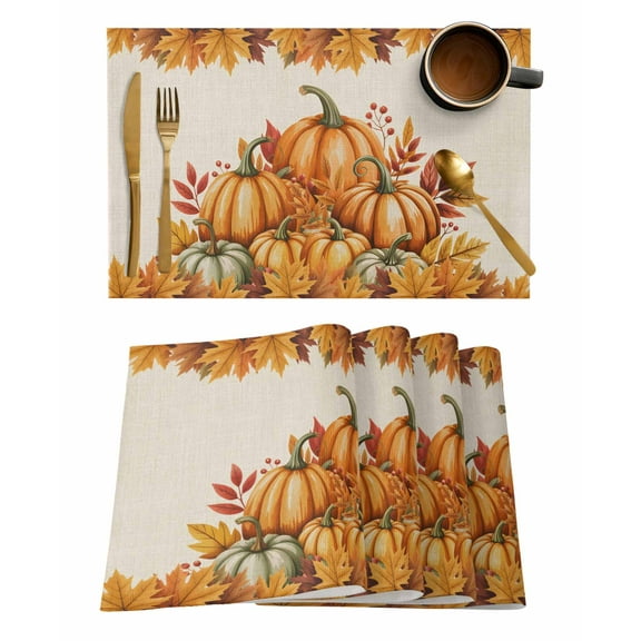 Fall Thanksgiving Placemats Set of 1 Orange Pumpkin Maple Leaves Harvest Heat Insulation Washable Place Mats, Rustic Non-Slip Table Mats for Dining Table Party Kitchen Decor,13x19 Inch