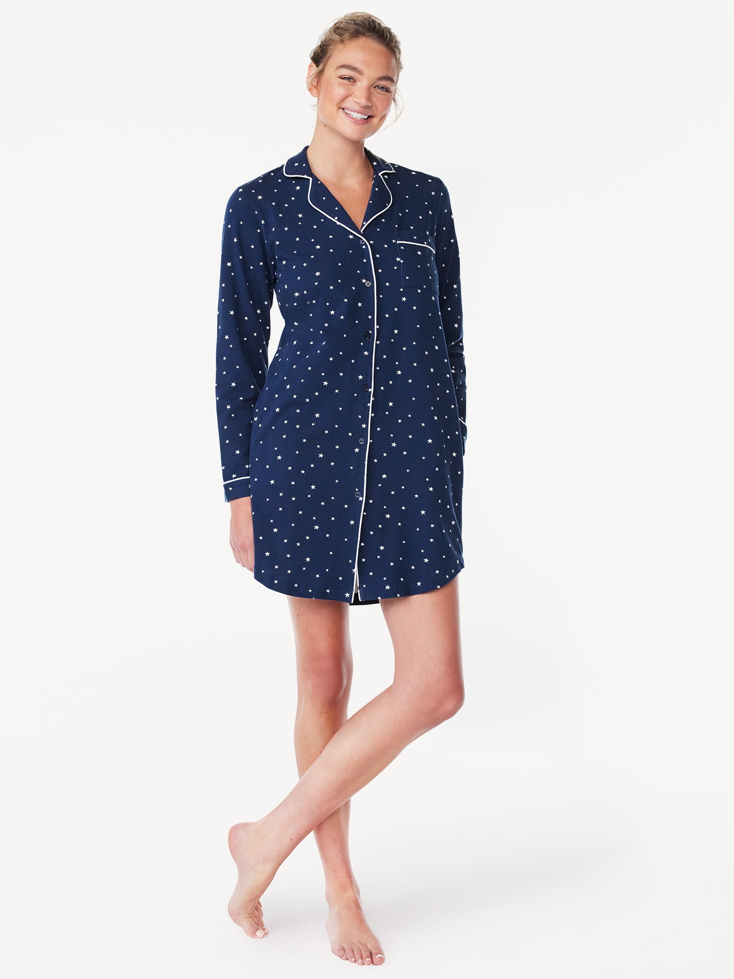 Joyspun Women’s Cotton Blend Long Sleeve Notch Collar Sleepshirt, Sizes S to 4X