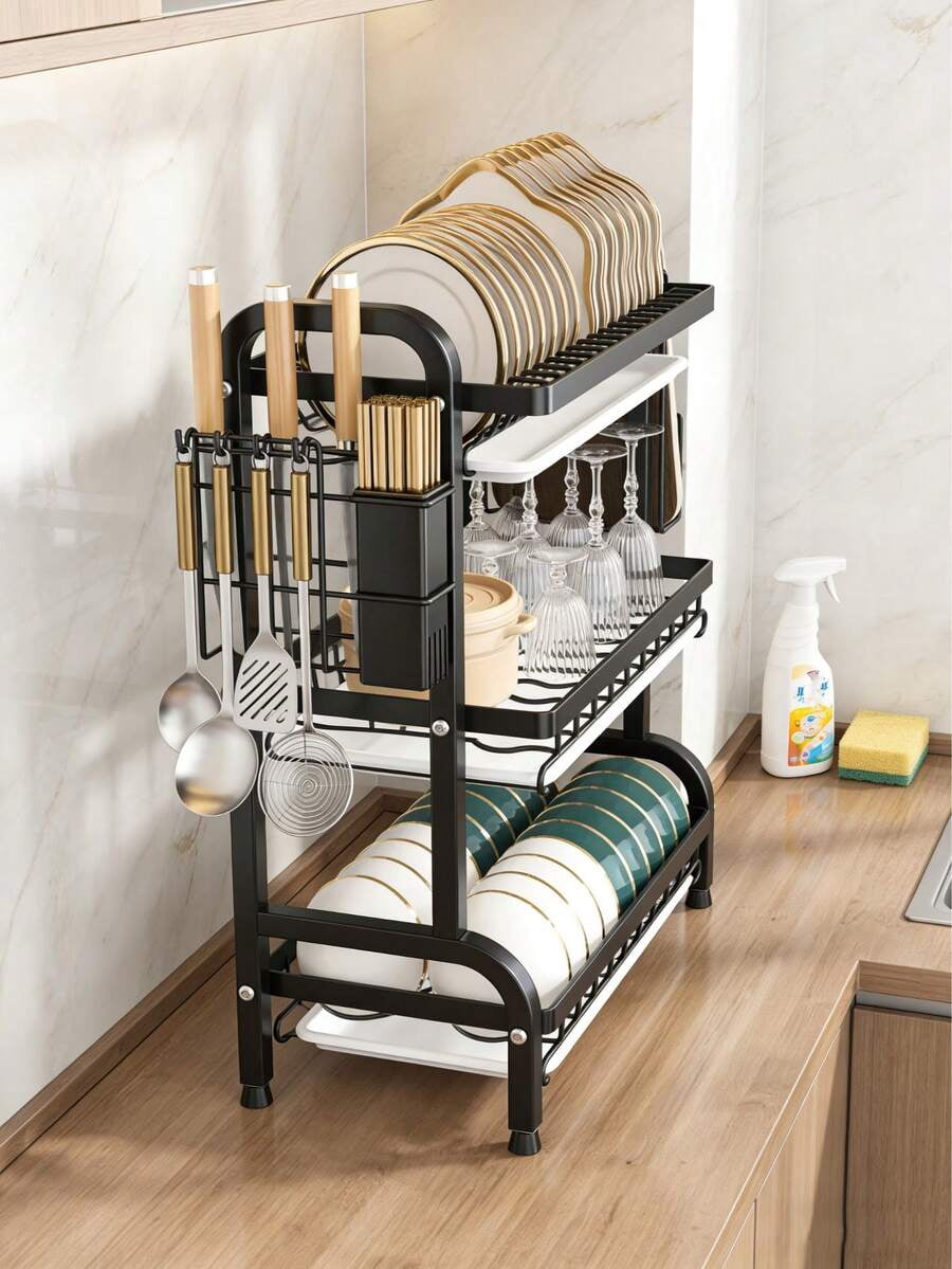 3-Tier Over Sink Heavy Duty Stainless Steel Dish Drying Rack, Rustproof Extra-Large Capacity Non-Slip Kitchen Counter Organizer, Removable Drainboard With Utensil Knife Cup Cutting Board Holder
