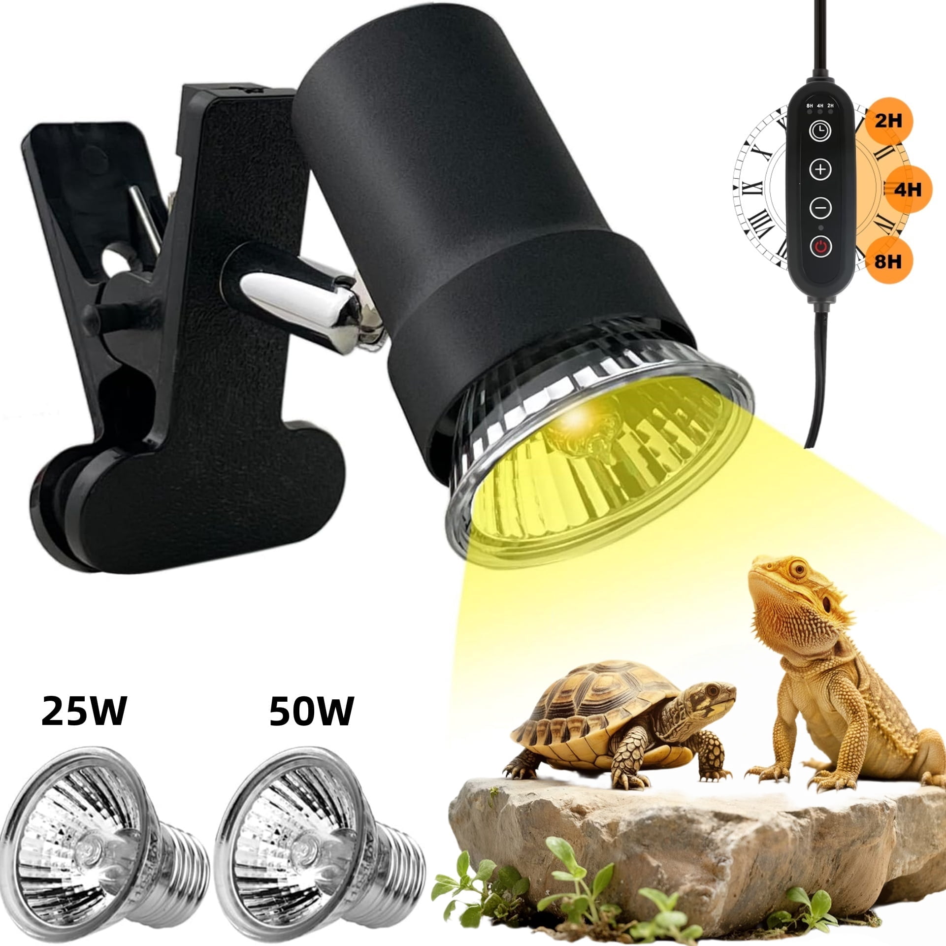 Turtle Heat Lamp with Dimmer & Timer, Reptile Basking Light Clamp or Hang, 50W 25W UVA UVB Bulbs, 360° Adjustable Clip for Turtle Tortoise Frog Lizard Snake Bearded Dragon Gecko