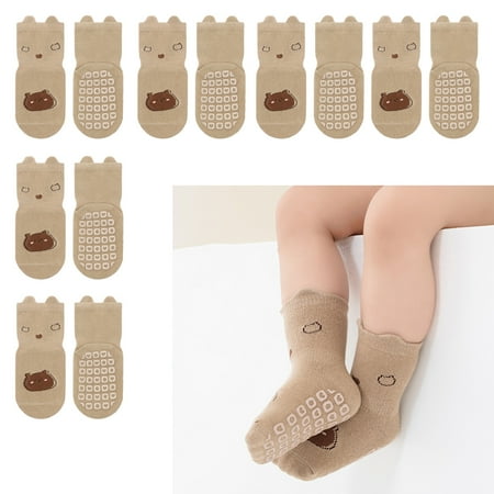 

Baby Socks 6 Pairs/ Set Animal Printing Cartoon Toddler Sock With Grips Anti-slip Baby Socks For Baby Girls Boys(Khaki L)