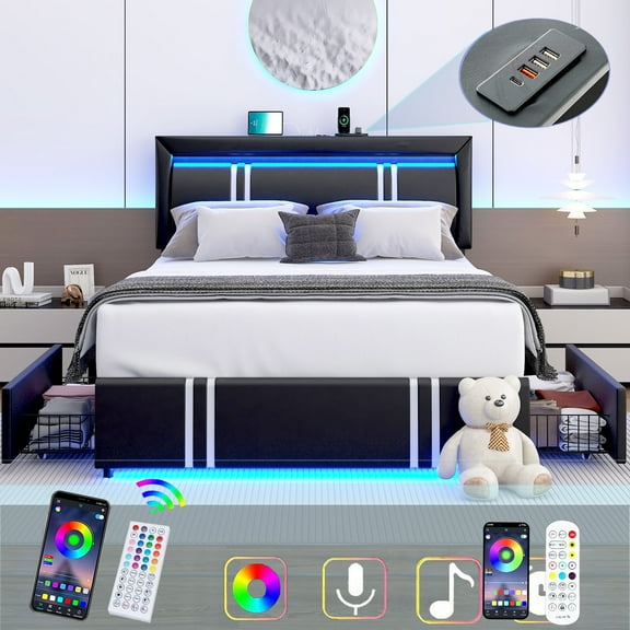 Full Size Bed Frame with LED Headboard Footboard & USB Charging Ports, Faux Leather Upholstered Platform Bed with 4 Drawers for Bedroom Storage, Black